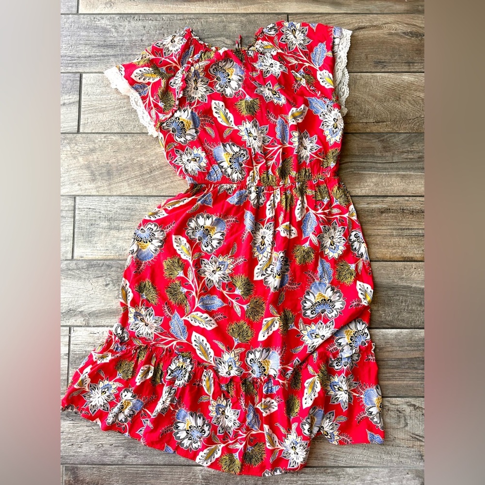 Loft Red Blossom Floral Summer Dress Sz M